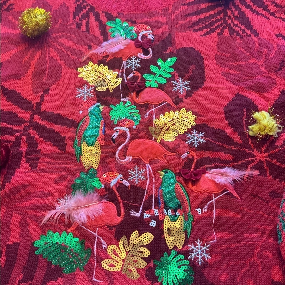 32 Degrees Ugly Sweater Holiday Tropical Flamingo Themed Textured Sweater - Picture 3 of 11